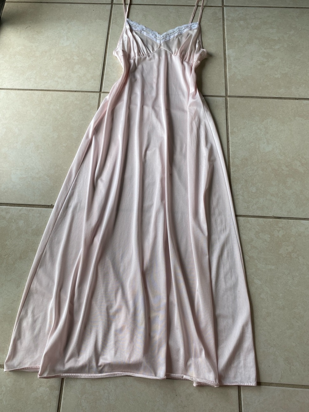 Vintage 1970s Loungewear Lace-Trim Maxi Slip Dress in Baby Pink